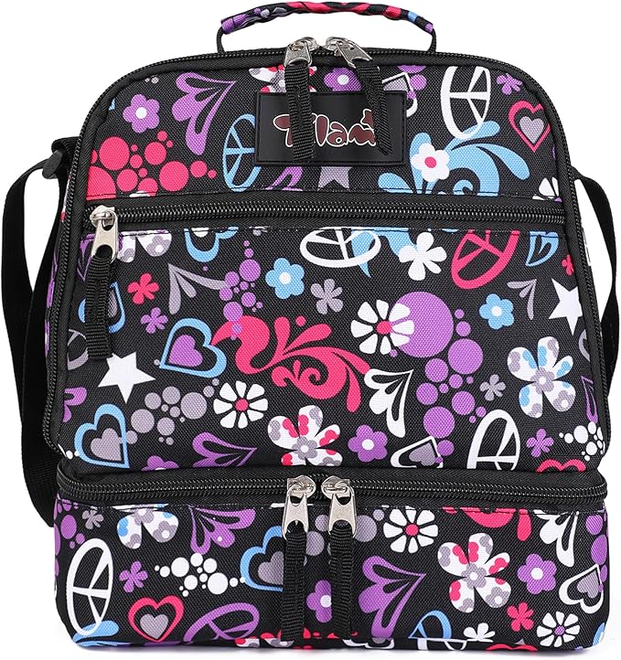 Tilami Lunch Bags Insulated Adjustable Strap Zipper, Water-Resistant Cooler Bags, Bento Bags for Kids Toddlers, Heart Black