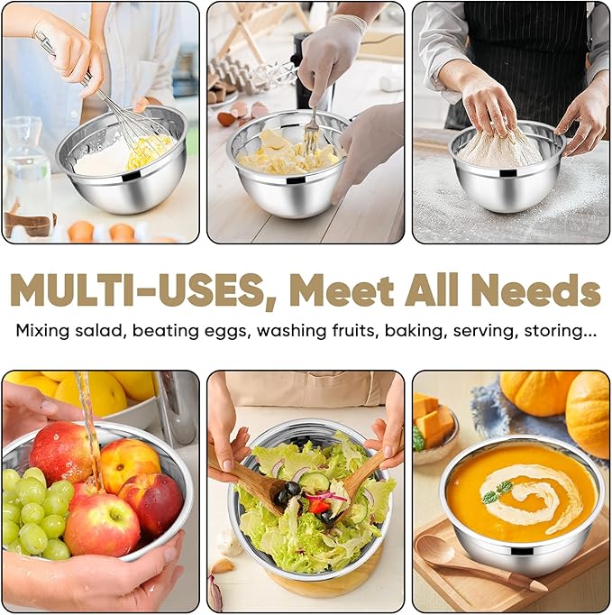 TeamFar Khaki Mixing Bowls, Stainless Steel Metal Nesting Salad Bowls with Airtight Lids Set of 5, Healthy & Heavy Duty, Non-slip Bottom & Airtight Lid, 7/3.5/2.5/1.5/1 QT