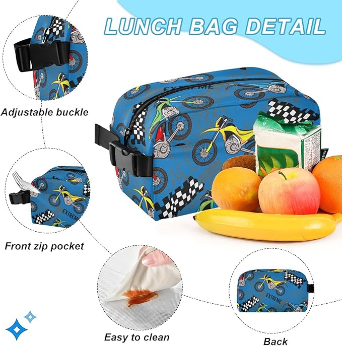 Emelivor Motorcycles Kids Backpack for Girls Boys School Bookbag with Insulated Lunch Box for Hight Middle School Book Bag