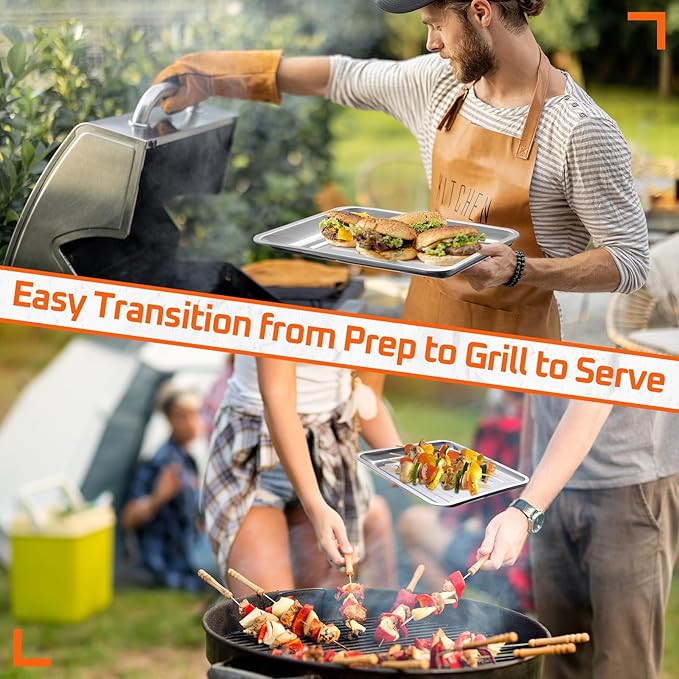 5 Pcs Grill Prep Trays Set BBQ Prep and Serve Include Stainless Steel Deep Grilling Platter Shallow BBQ Serving Tray Cutting Board 2 Pcs Marinade Containers with Lids
