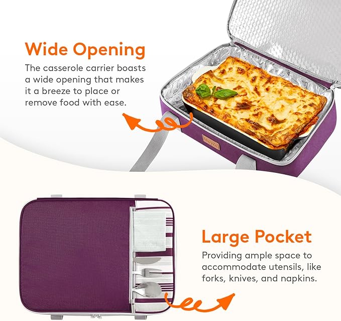 Lifewit Expandable Insulated Casserole Carrier for Hot or Cold Food, Double Decker Food Bag Lasagna Holder Carry Tote for Potluck Parties/Picnic/Cookouts, Fits 9"x13" Baking Dish, Purple