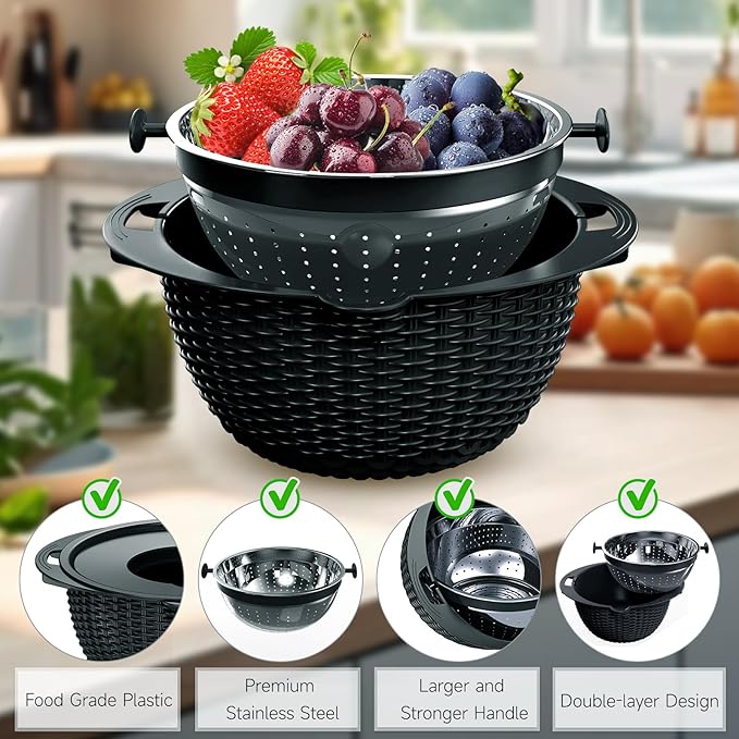4-1 Colander with Bowl Set - Pasta Strainer - Colander for Kitchen - Strainers and Colanders Rice Strainer Fruit Cleaner Veggie Wash Sink Strainer Kitchen Essentials - Black