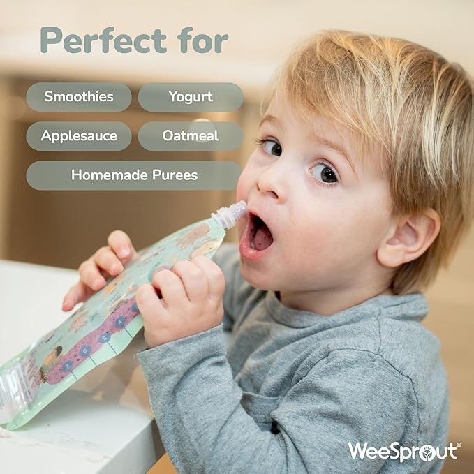 WeeSprout Double Zipper Reusable Food Pouches, Perfect for Babies & Toddlers, Freezer & Dishwasher Safe (Educational, 3.4 Fl Oz (Pack of 6) + Pouch Filler)