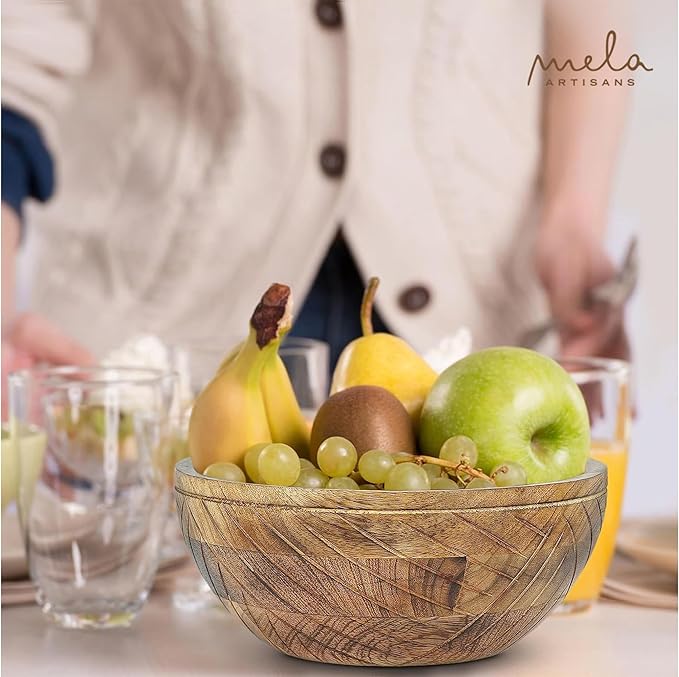 Mela Artisans 9'' Wooden Fruit Bowl, Regular Serving Bowl for Salads, Cereals, Snacks & Mixing | Decorative Bowls for Kitchen | Jai Valley Collection