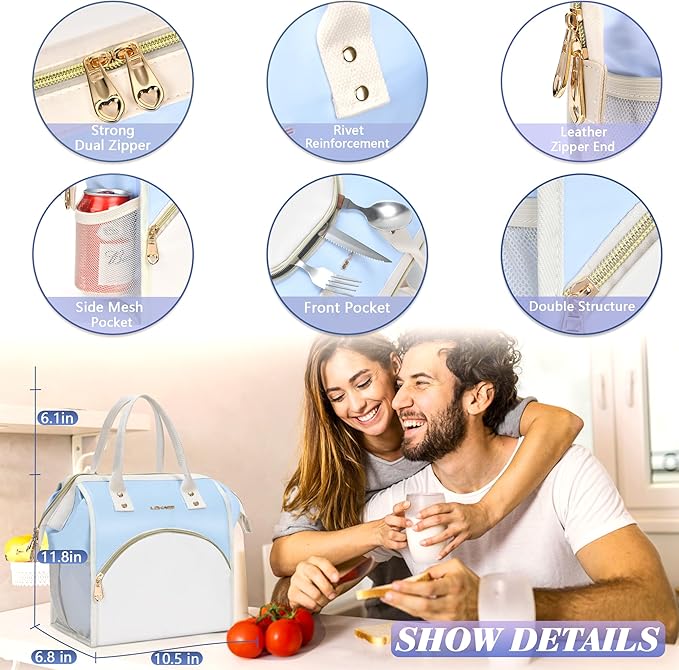 LOKASS Lunch Bag Women Insulated Lunch Box, Wide-Open Lunch Tote Bag Leak-proof Cooler Bag for Work Picnic-(Sky Blue)