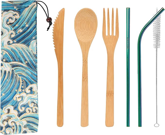 UPTRUST 2 Set Bamboo Cutlery Set Bamboo travel Utensils reusable bamboo utensils with case, 7.8 Inches Bamboo Knife, Fork, Spoon, 3 colors Metal Straw Portable Travel Set (Rainbow Straw)