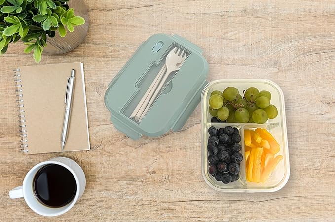 THY COLLECTIBLES Set of 3 36 OZ Glass Lunch Storage Containers with Lids and Utensils, Microwave Safe, Leak Proof, Freezer to Oven Safe for Meal Prep, Leftovers, Cooking, Bento Box (2 Compartments)