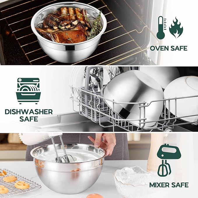Stainless Steel Mixing Bowls with Black Lids Metal Nesting Mixing Bowl Set of 5 - Size 1.5, 2, 2.6, 3.5, 4.6QT