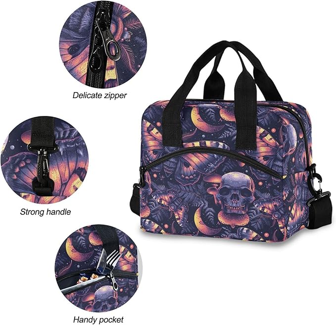 MNSRUU Insulated Lunch Bag Gothic Skull Butterfly Women Men Fabric Dinner Tote Cooler Bag Reusable Leakproof Lunch Box with Adjustable Shoulder Handles Strap For Work School