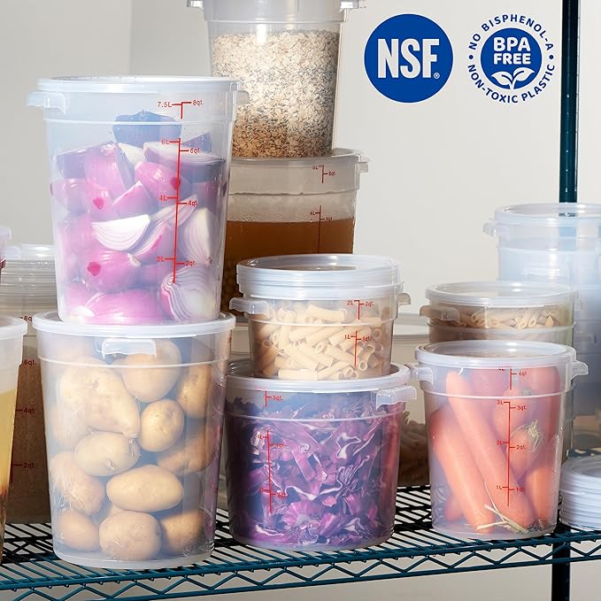 CURTA 8 Quart Translucent Round Food Storage Container with Lid, Pack of 4 – NSF Listed, BPA-Free, Commercial-Grade Polypropylene, Freezer & Dishwasher Safe, Non-Stick, Easy-Read Graduations