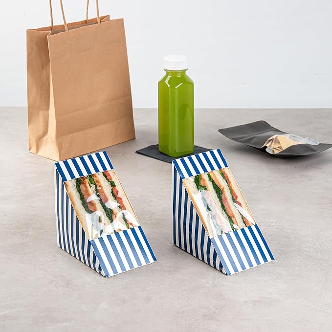Restaurantware-Cafe Vision 4.8 x 3.2 Inch Sandwich Paper Boxes, 200 Large Sandwich Wedge Boxes - With Window, Disposable, Blue And White Paper Triangle Sandwich Containers, Striped, Grease-Impervious