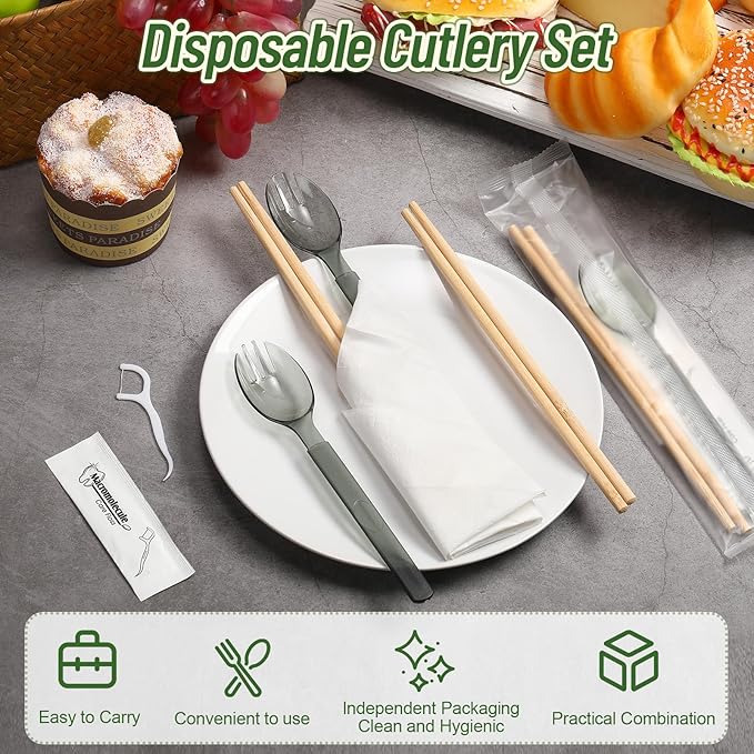 Tioncy 100 Packs Disposable Chopsticks Cutlery Set Bulk Cutlery Packets Include Sporks Napkins Floss Picks and Chopsticks Individually Wrapped Travel Cutlery Set for Party, Banquet, Wedding