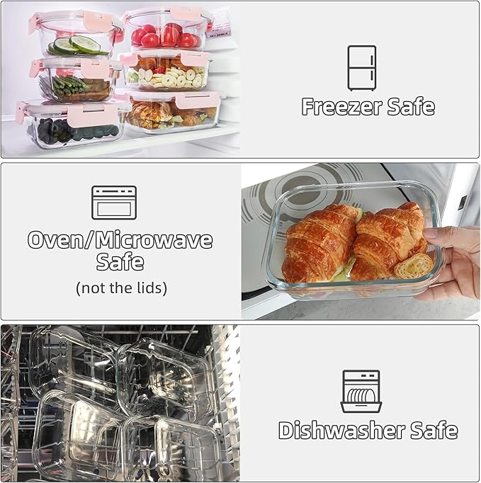 C CREST 12 Pack Premium Glass Locking Lids Storage Containers Set, Mix of Shapes and Sizes for Meal Prep and Versatile Use
