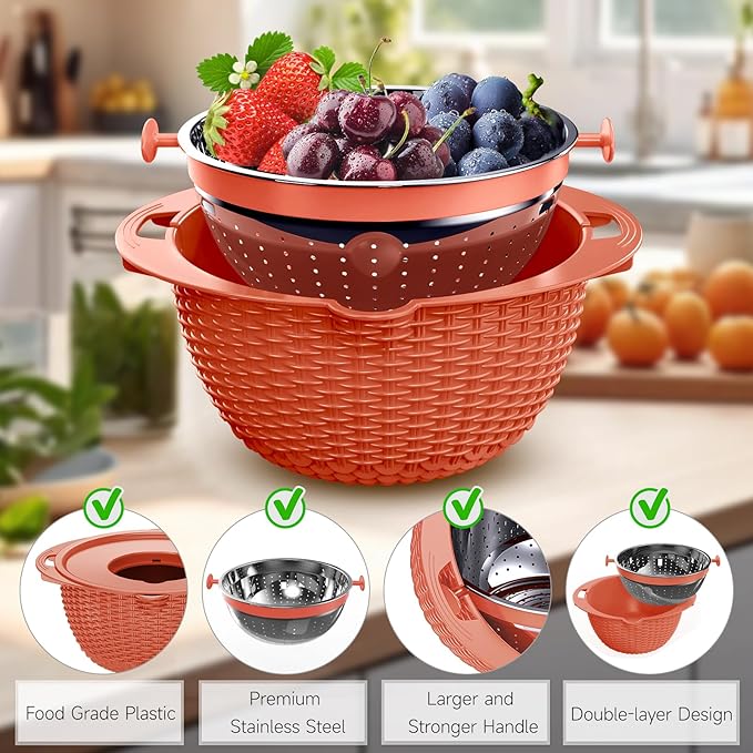 4-1 Colander with Bowl Set - Pasta Strainer - Colander for Kitchen - Strainers and Colanders Rice Strainer Fruit Cleaner Veggie Wash Sink Strainer Kitchen Essentials - Orange