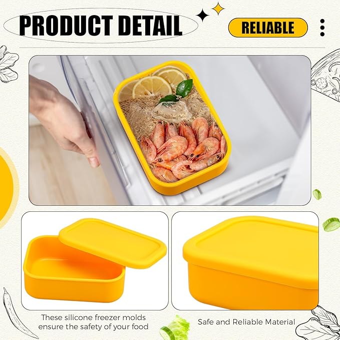 Nuogo 8 Pcs 2 Cup Silicone Freezer Trays with Lid Silicone Soup Freezer Molds Rectangle Soup Containers Reusable Food Preserving Tray Freezing Ice Trays for Soups Sauces Stews(Yellow)