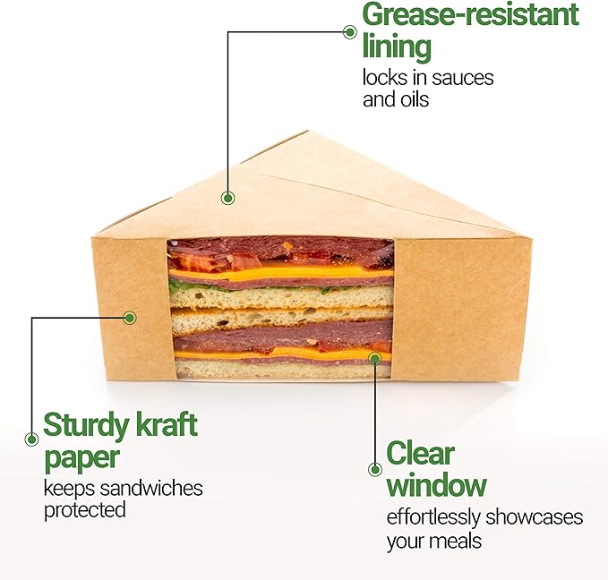 Restaurantware Cafe Vision 4.8 x 2.8 Inch Sandwich Paper Boxes, 200 Medium Sandwich Wedge Boxes - With Window, Disposable, Kraft Paper Triangle Sandwich Containers, Grease-Resistant Lining