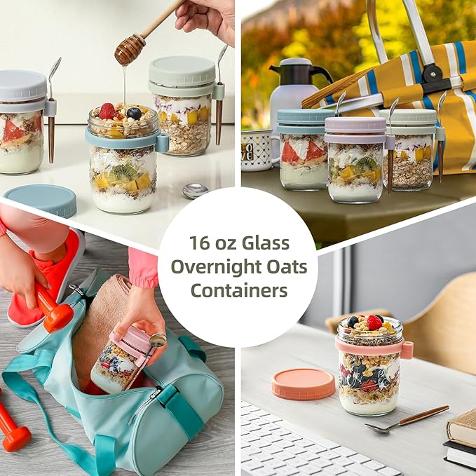 LANDNEOO 6 Pack Overnight Oats Containers with Lids and Spoons, 16 oz Glass Mason Overnight Oats Jars, Large Capacity Airtight Jars for Milk, Cereal, Fruit