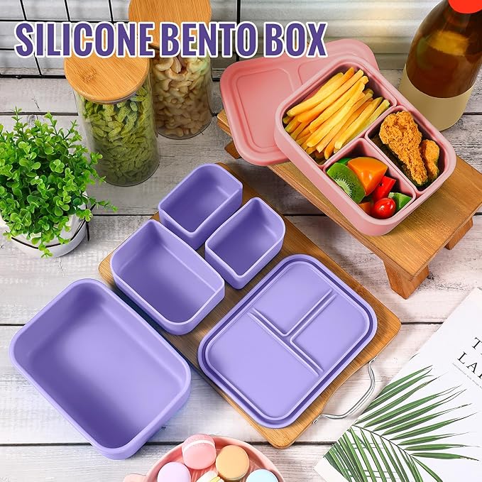 Baderke 2 Pcs Silicone Bento Box for Kids Lunch Box with 3 Compartments Leak proof lunch Container for Children Toddlers for Microwave, Freezer and Dishwasher(Light Purple, Light Pink)