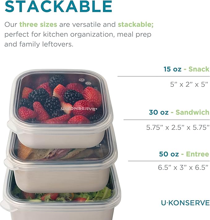 U Konserve Stainless Steel Food Storage Bento Box Container, Leak Proof Silicone Lid Dishwasher Safe - Plastic Free (50oz Clear)