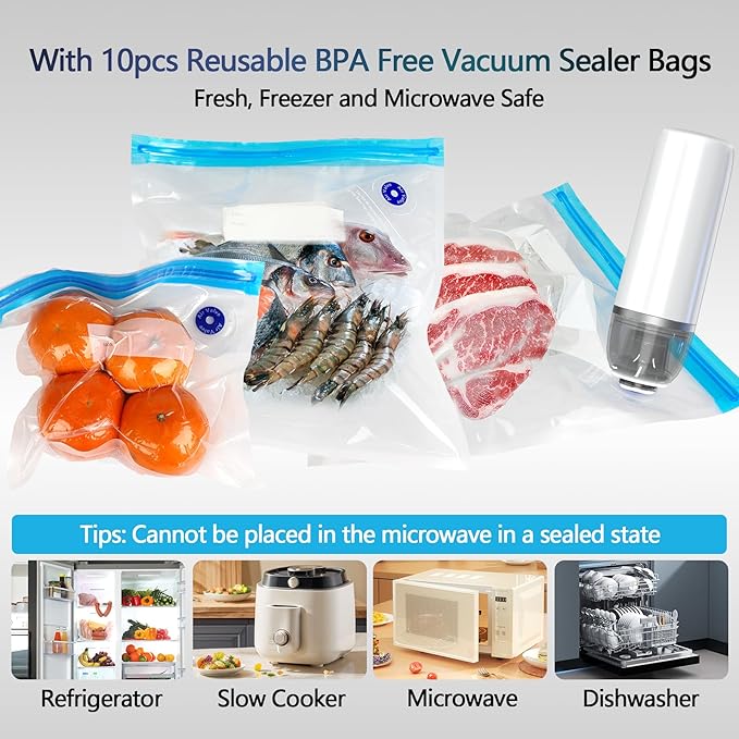 Handheld Vacuum Sealer for Food, Portable Cordless Vacuum Sealer Machine Set with 10 Sous Vide Bags for Food Storage Kitchen and Sous Vide Cooking