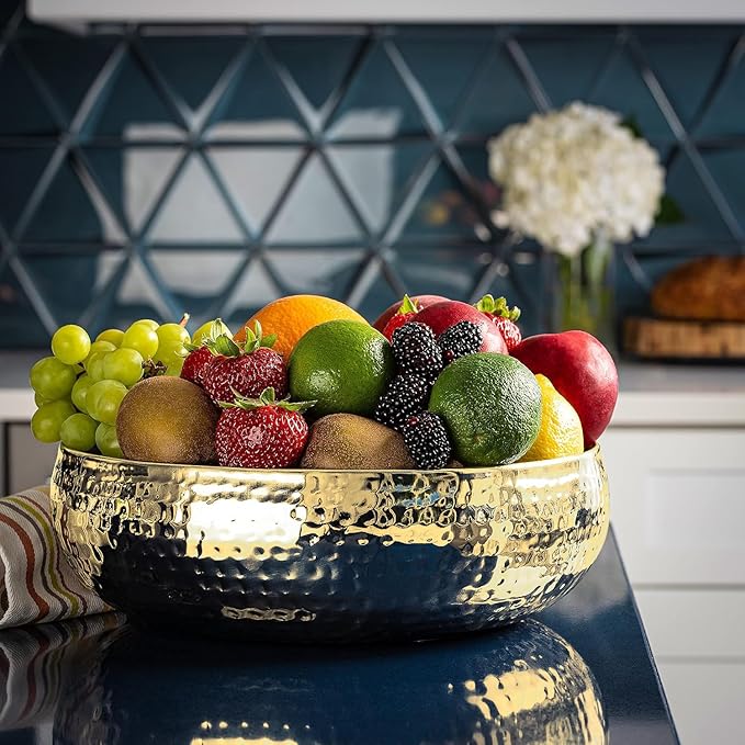 Salad Bowl and Serving Utensils - Hammered Detailing - Stainless Steel Mixing Bowls with Lids- Luxurious Serving Bowls (12" Gold Hammered Salad Bowl)