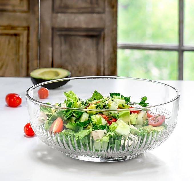 Red Co. Large Clear Glass Mixing Bowl with Ribbed Surface, for Mixing, Storage, Serving, 2.5 Quarts, 9" Dia