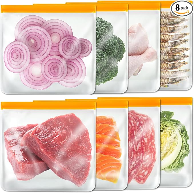 8 Pack Gallon Freezer Bags, Reusable Food Storage Silicone Bags Reusable Food Storage Bags, Large Zip Lock Bags Gallon, Lunch Home Fridge Kitchen Organization and Storage Meal Prep Freezer Containers