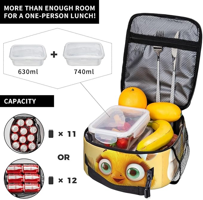 Insulated Lunch Box for Kids Boys Girls, Reusable Lunch Bag for School, Office, Work, Picnic, Travel, Cute Yellow Chicken Lunch Box