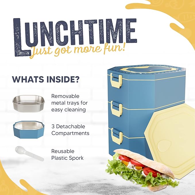 Stainless Steel Stackable Bento Box Adult Lunch Box with Cutlery - Hot/Cold - Separates Ideal Portion Sizes - Reusable Tin Inserts - Dishwasher Safe - Stackable Lunch Container for Adults with Spork