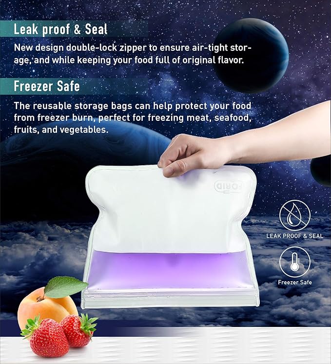 Reusable Gallon Freezer Bags - 6 Pack EXTRA THICK Gallon Reusable Bags Leakproof Food Storage Bags for Marinate Food & Fruit Cereal Sandwich Snack Meal Prep Travel Items Home Organization Storage