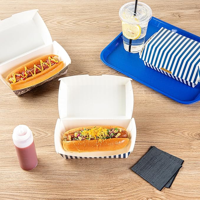 Restaurantware Bio Tek 6.7 x 3.5 x 3.5 Inch Clamshell Food Containers 100 Disposable Sandwich Containers - Hinged Lid Tab-Lock Closure Blue And White Paper Hot Dog Containers Greaseproof
