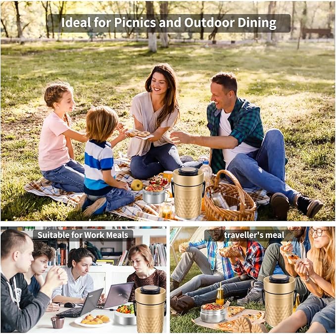 67oz Thermos for Hot Food, 3 Layered Stackable Insulated Lunch Box, Soup Thermos Jar Comes with an insulated bag, suitable for office lunches and outdoor dining, among other uses (Gold)