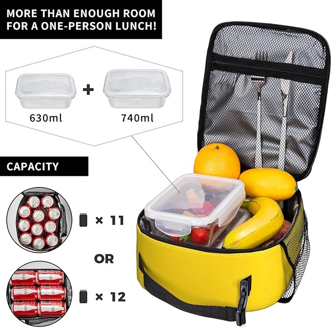 Yellow Lunch Bag for Kids Girls Boys Women Washable Thremal Picnic Meal Box for School Office Insulated Cooler Reusable Portable