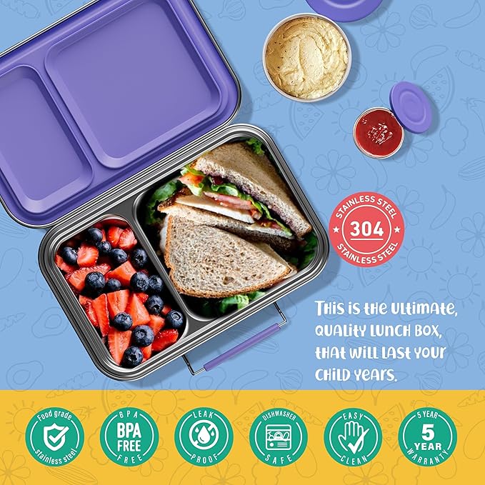 Stainless Steel Lunch Box for Kids, Leak Proof Bento Lunch Box BPA Free 304 Stainless Steel Bento Box Stainless Bento Box with Containers for School and Office(Purple)