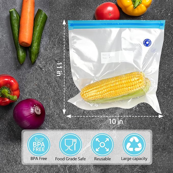 Sous Vide Bags 24 Pcs, 11x10 inches Reusable Vacuum Sealer Bags, Vacuum Food Storage Bag for Cooking, Food Storage, and Microwave Heating, with 2 Seal Clips & 5 Air Valves