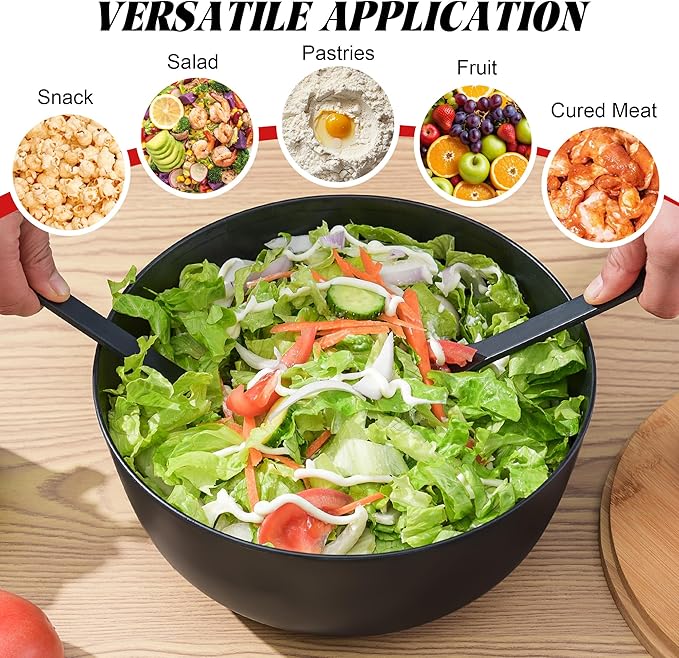 GEHE Bamboo Fiber Salad Bowl with Servers Set - Large 9.8 inches mixing bowls Solid Bamboo Salad Wooden Bowl with Bamboo Lid Spoon for Fruits,Salads and Decoration (Black, 9.8INCH)