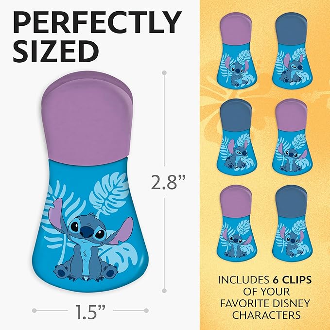 Disney Magnetic Chip Clips – Set of 6 Bag Clips for Food Storage - Mickey, Minnie, Lilo & Stitch, Winnie The Pooh – Durable Airtight Bag Chip Clips for Pantry & Fridge Use