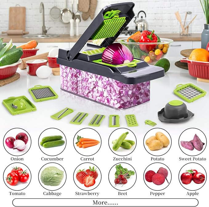 Vegetable Chopper Veggie Chopper,Mandoline Slicer,Multifunctional 12 in 1 Food Choppers, Kitchen Vegetable Slicer Dicer Cutter,Onion Mincer,Cheese Grater,Colander Basket,Kitchen Gadgets