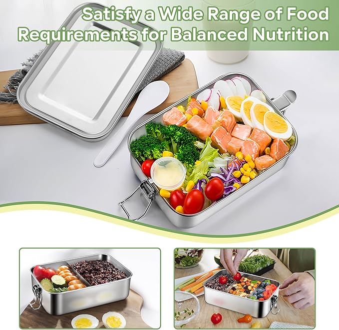 HaWare Stainless Steel Bento Box, 47oz (1400ML) Lunch Box Container with Lids and 2 Removable Dividers, Metal Lunch Containers with Locking Clips, Leak-Proof Food Storage Containers for Work School