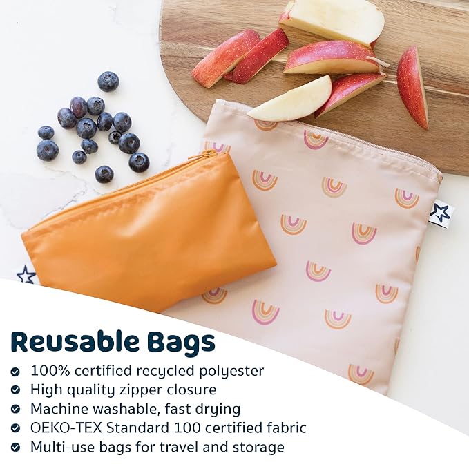 Tiny Twinkle 3 Pack Reusable Snack Bags - Machine Washable, PFAS, PVC, BPA, Phthalate-Free Reusable Baby and Toddler Food Safe Snack Bags (Boho Rainbow)