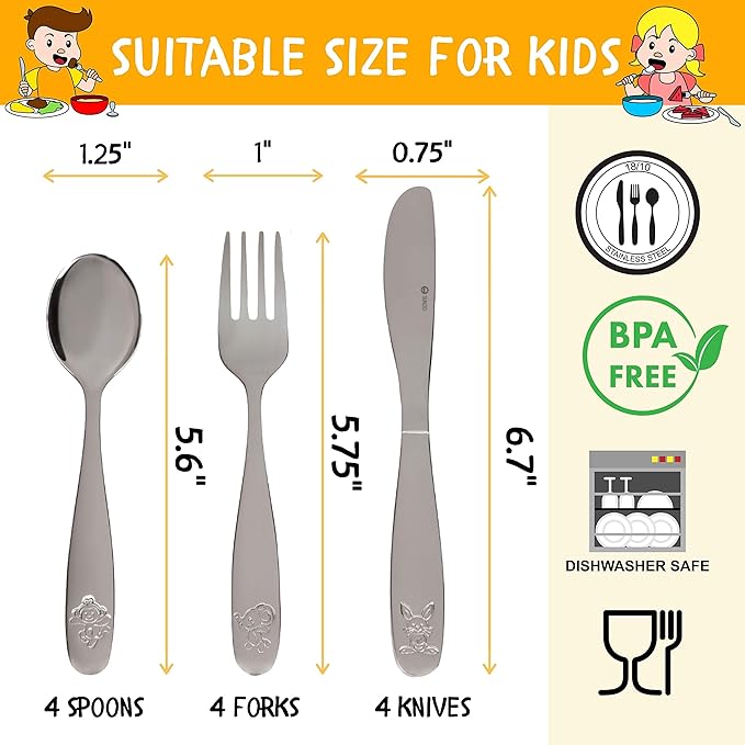Kids Silverware Set, 18/10 Stainless Steel 12 Piece Cutlery Set with 4 Forks, 4 Spoons, 4 Small Knives, Toddler Metal Travel Utensils with Case, Child Safe Flatware, Dishwasher Safe, 1 Set