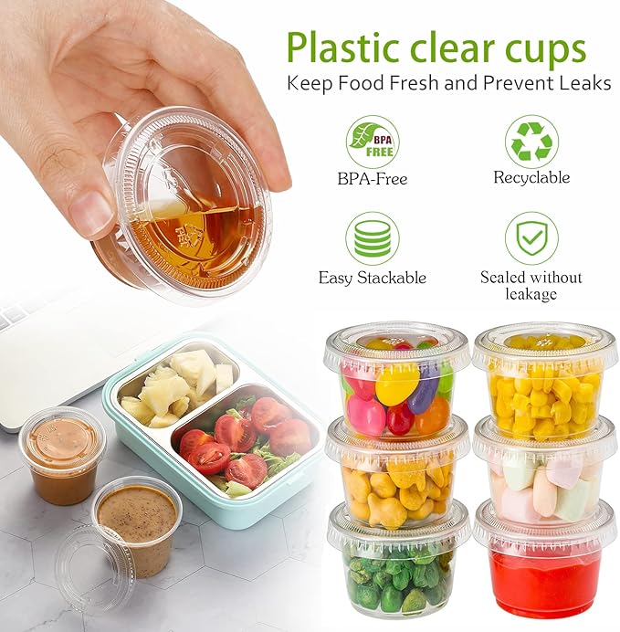 Jello Shot Cups with Lids, 4 oz Plastic Portion Cups with Lids, BPA-Free Disposable Condiment Dipping Sauce Cups, Leak-Proof Small Containers for Salad Dressing, 200 Count