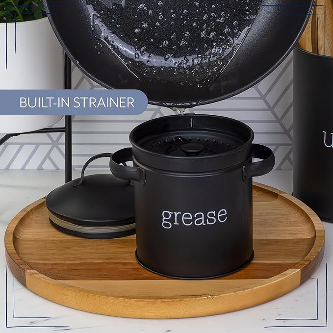 AuldHome Design Enamelware Grease Container w/Strainer (Black), Farmhouse Style Kitchen StorageTin, Labeled “Grease”