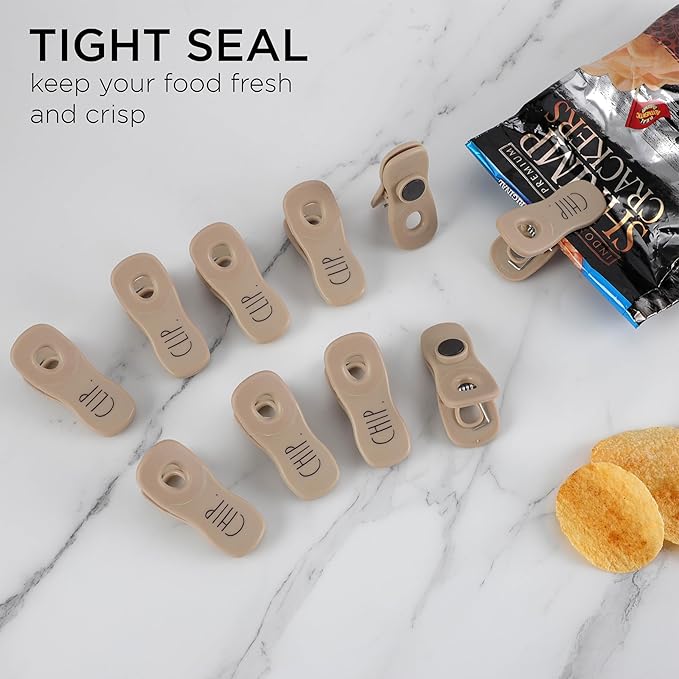 Rae Dunn Bag Clips with Magnet - Chip Clips, Food Storage with Air Tight Seal Grip for Bread, Snack and Food Bags, Pack of 10, Brown