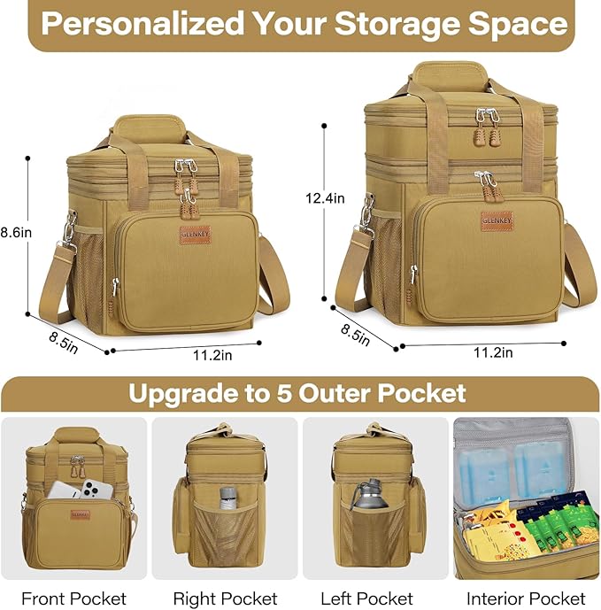 GLENKEY Expandable Large Lunch Box, Insulated Heavy Duty Lunch Bag Waterproof Leakproof Durable Cooler Bag for Men Women Adults Work Construction Camping Trip, 16L, Brown