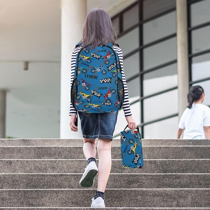 Emelivor Motorcycles Kids Backpack for Girls Boys School Bookbag with Insulated Lunch Box for Hight Middle School Book Bag