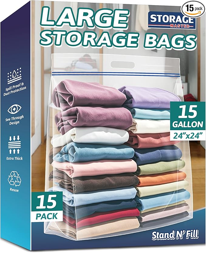 Extra Large 15 Gallon Storage Bags - 24” x 24” with Resealable Zip and Carry Handle, Ideal for Clothes, Pillows, Moving and Travel, Set of 15