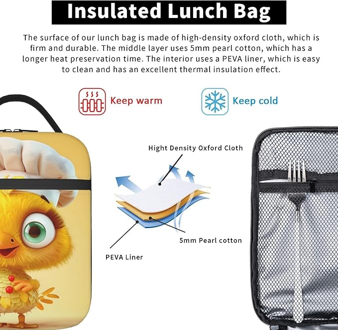 Insulated Lunch Box for Kids Boys Girls, Reusable Lunch Bag for School, Office, Work, Picnic, Travel, Cute Yellow Chicken Lunch Box