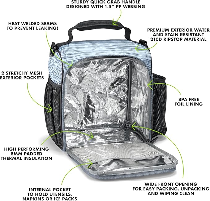 Fit & Fresh JAXX, 9pc Meal Prep Lunch Bag, Gray, Unisex, Polyester, Large Capacity, Insulated, With Containers, Ice Packs, Shaker Bottle