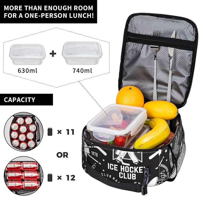 Insulated Lunch Box for Boys Kids Hockey Lunch Box for Work,Picnic,School,Travel,Hiking, Beach or Fishing Polyester Hockey Lunch Bag Ice Hockey Retro Style